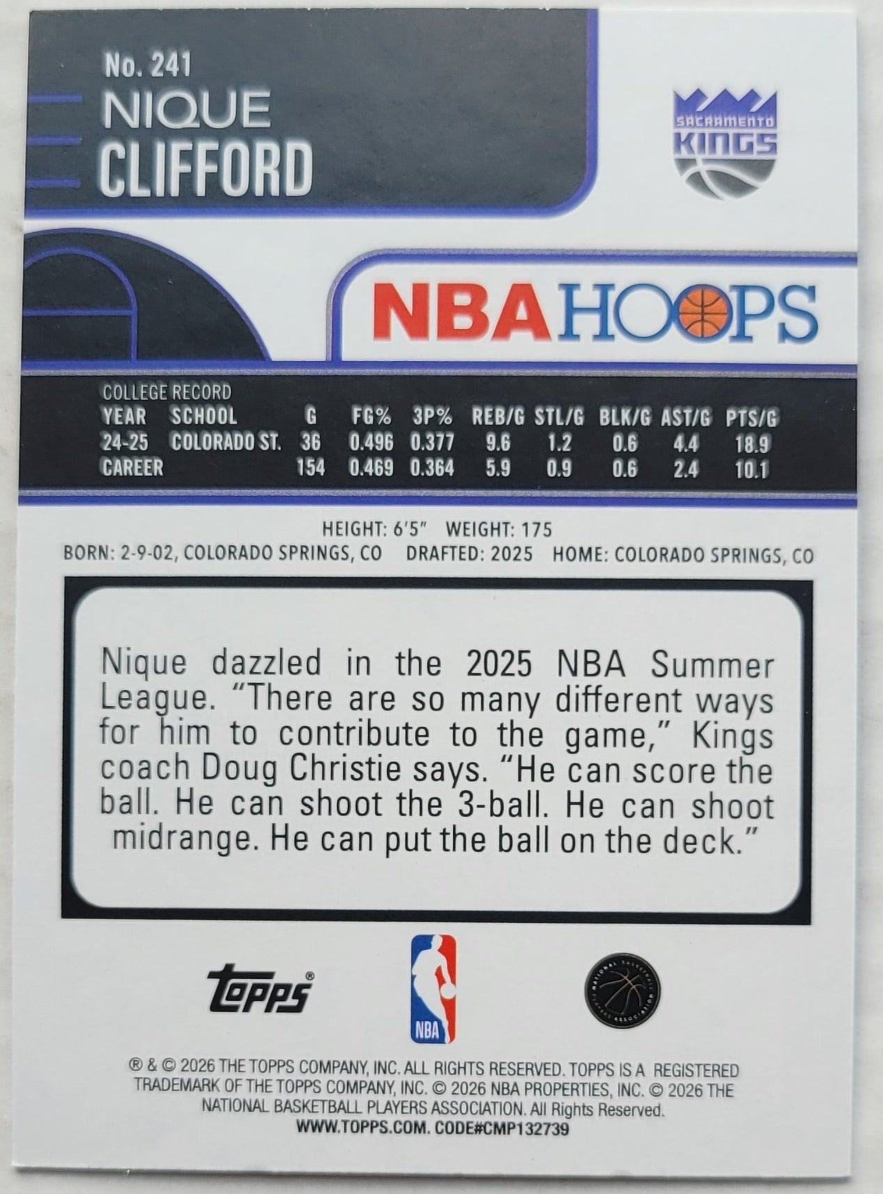 Nique Clifford - 2025-26 Hoops #241 RC