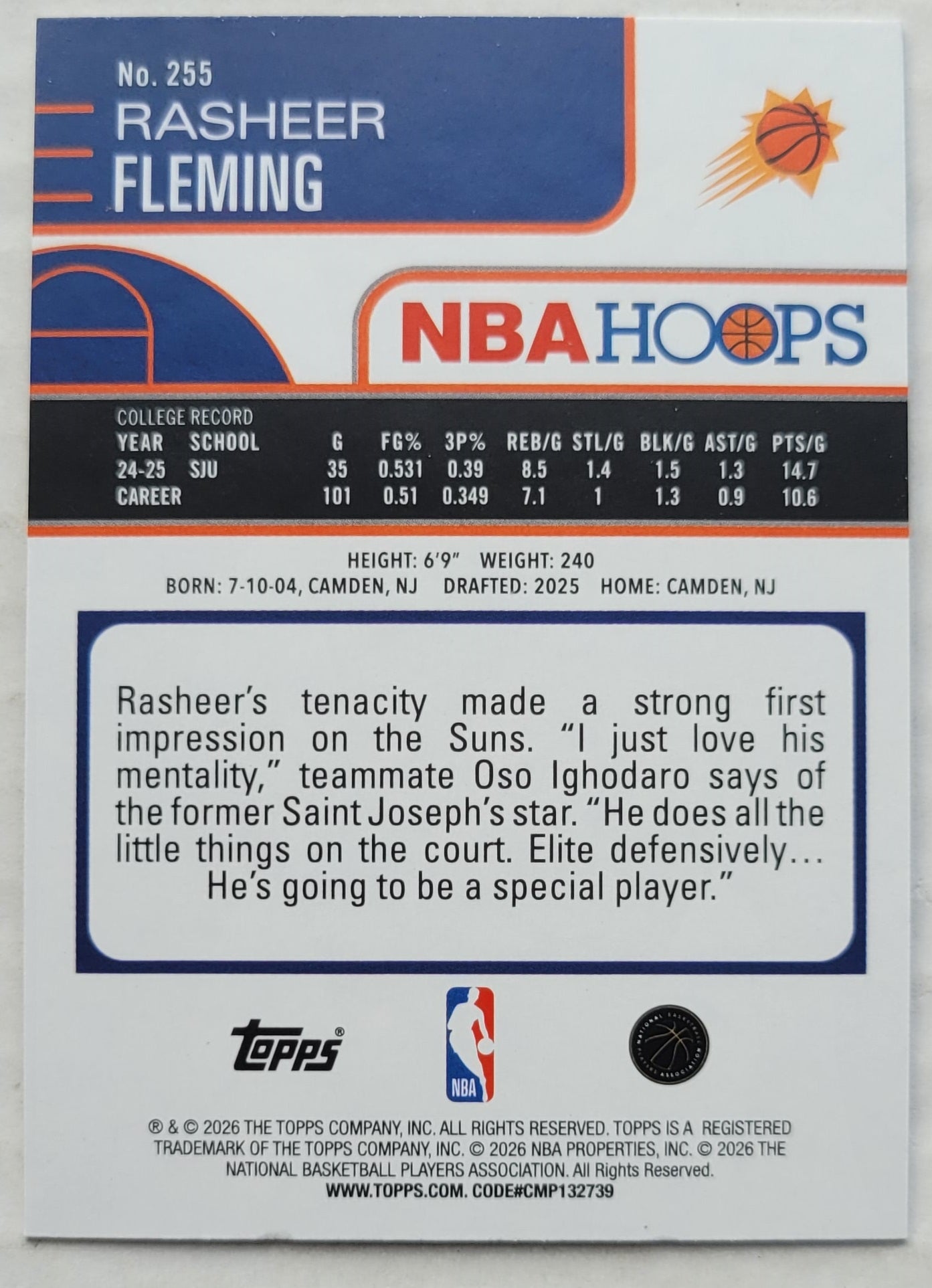 Rasheer Fleming - 2025-26 Hoops #255 RC