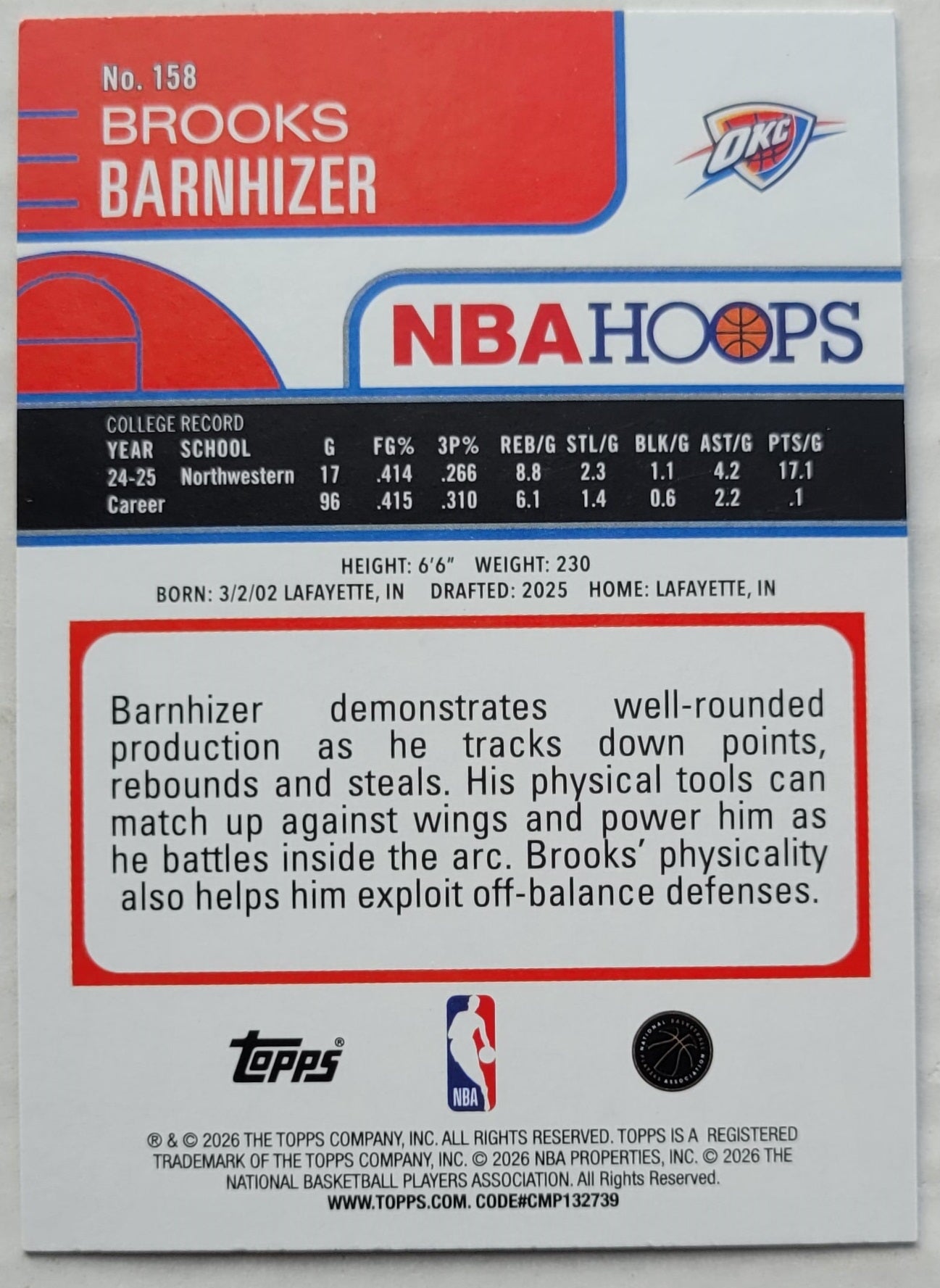 Brooks Barnhizer - 2025-26 Hoops #158 RC