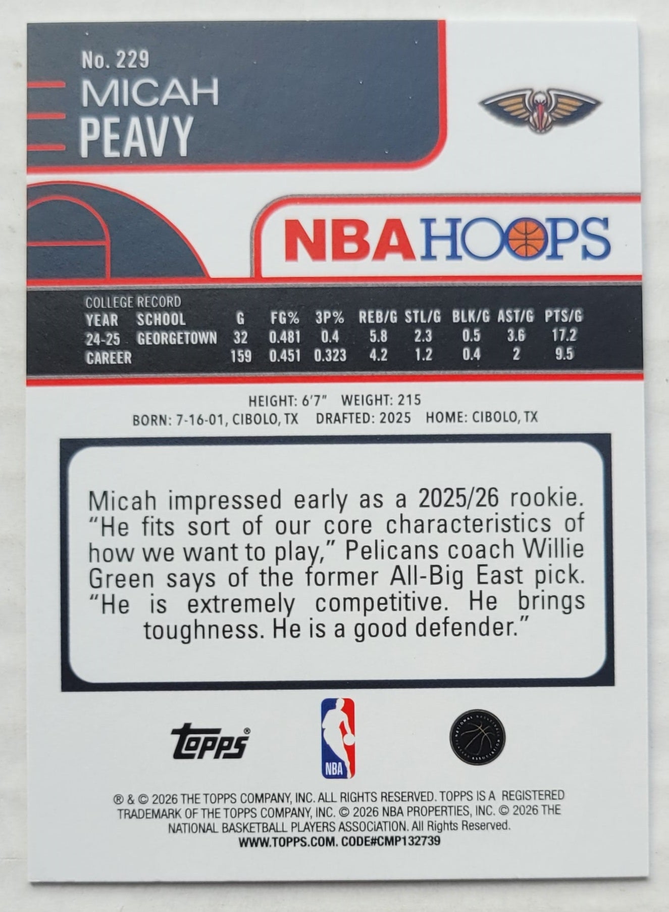 Micah Peavy - 2025-26 Hoops #229 RC