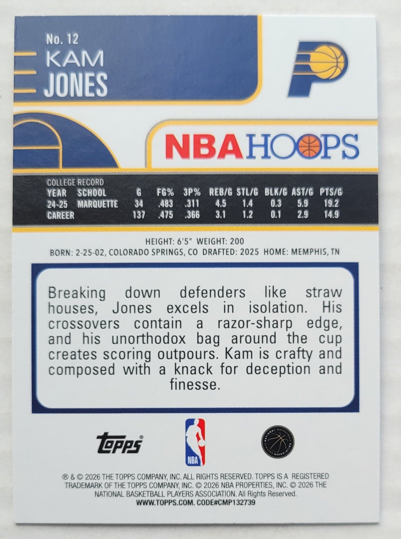 Kam Jones - 2025-26 Hoops #12 RC