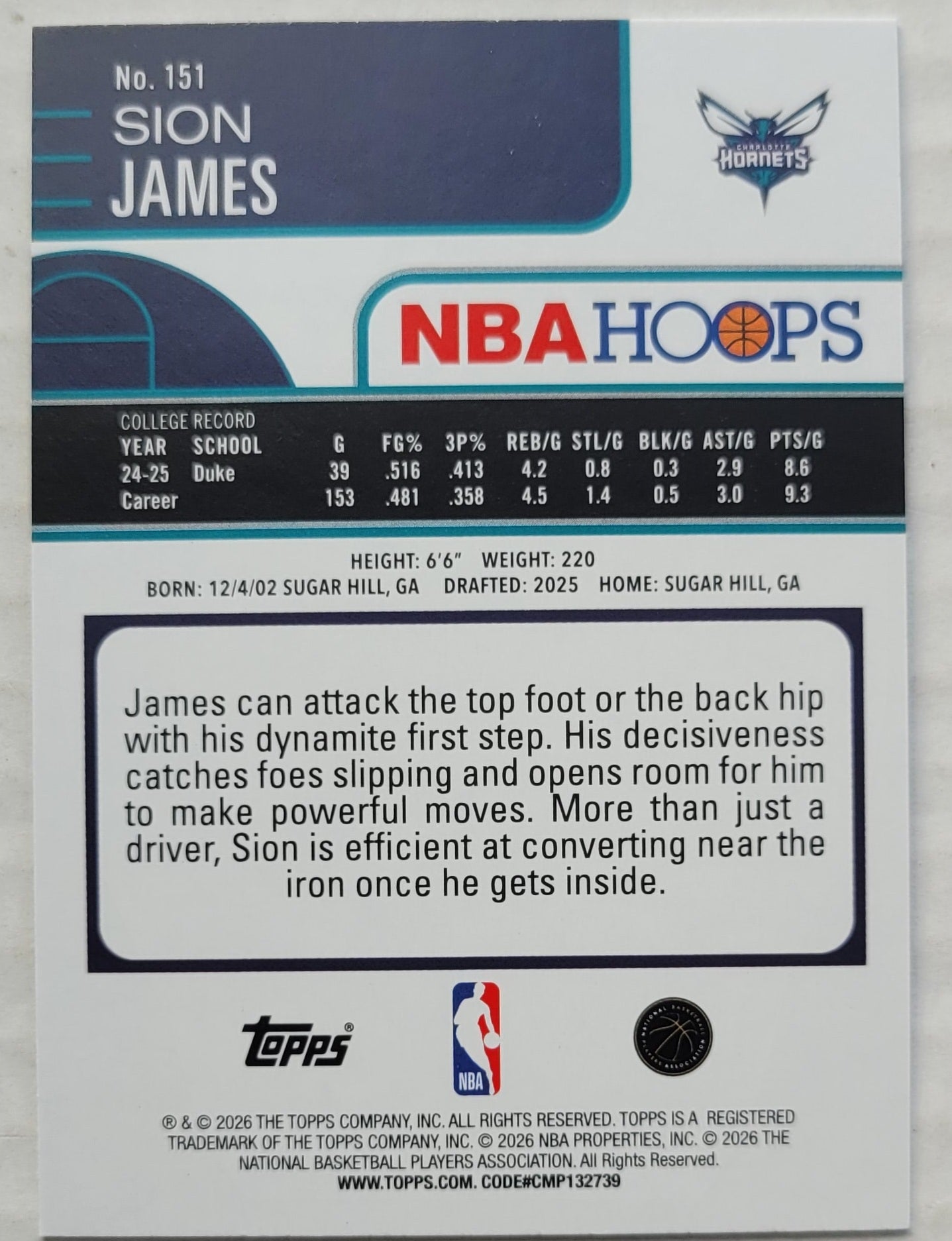 Sion James - 2025-26 Hoops #151 RC