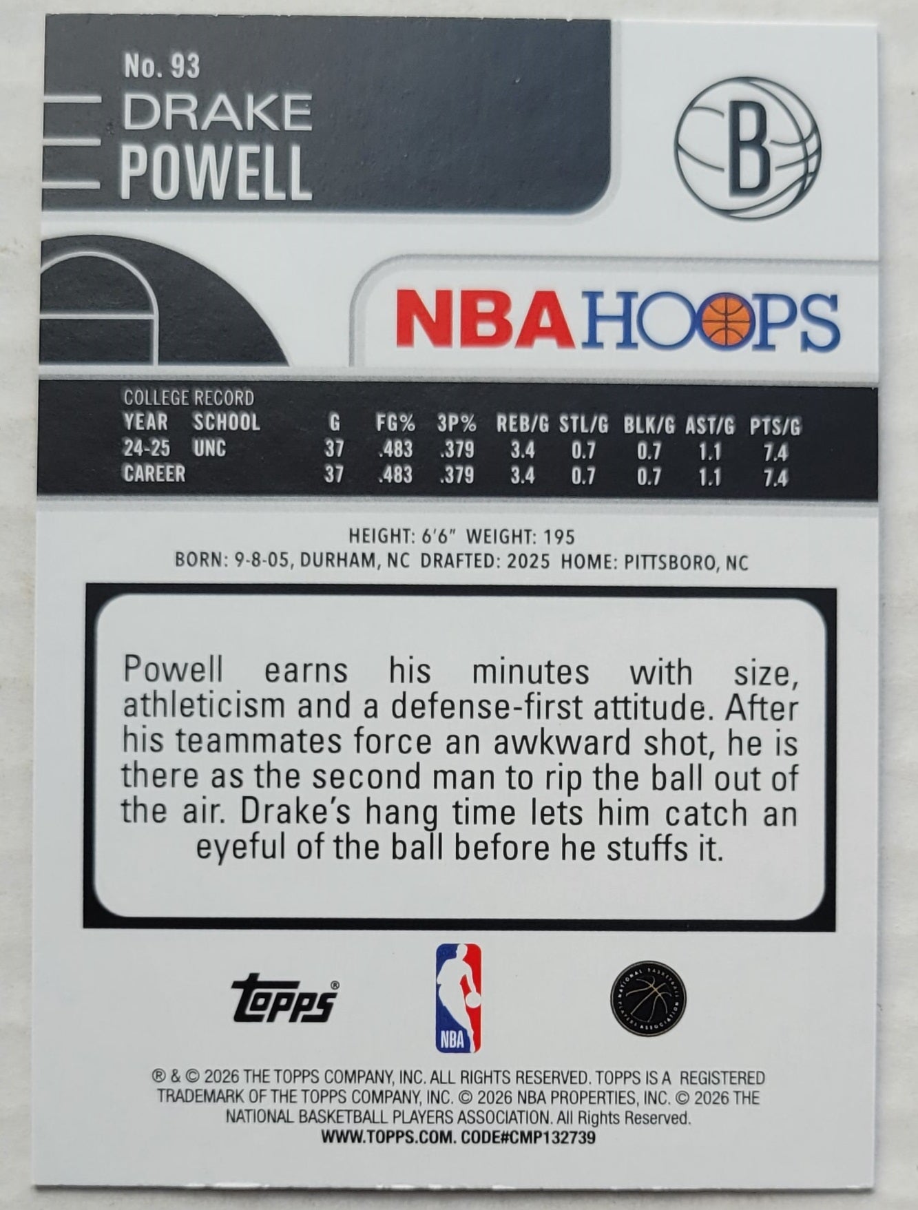 Drake Powell - 2025-26 Hoops #93 RC