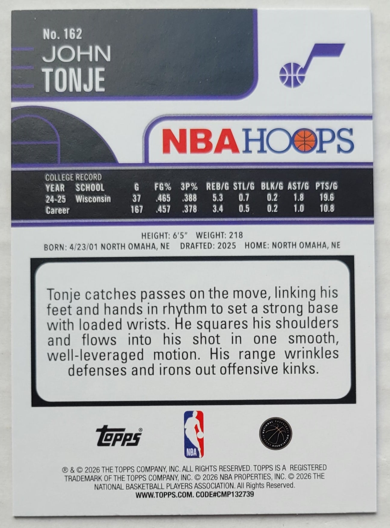 John Tonje - 2025-26 Hoops #162 RC