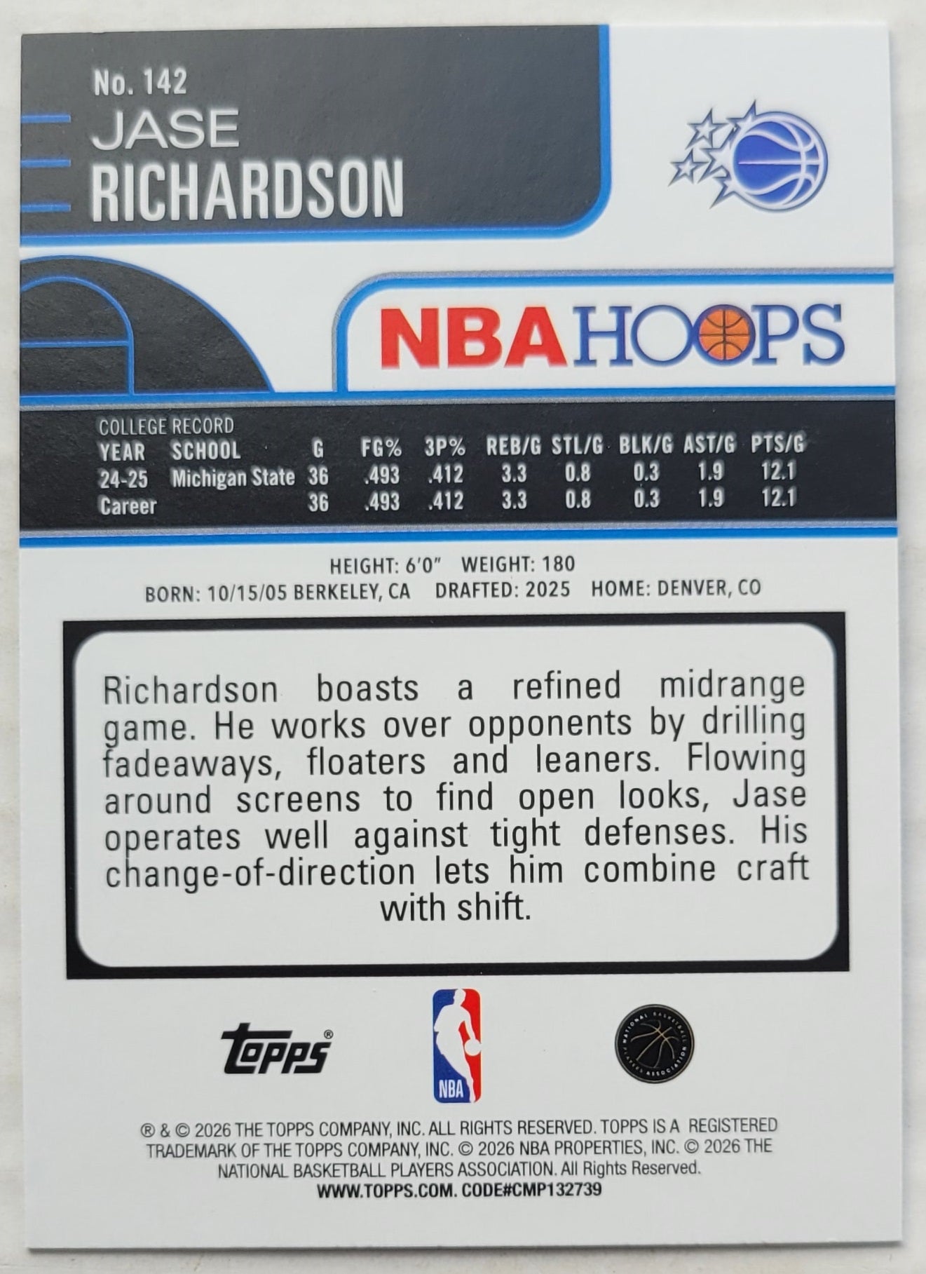Jase Richardson - 2025-26 Hoops #142 RC