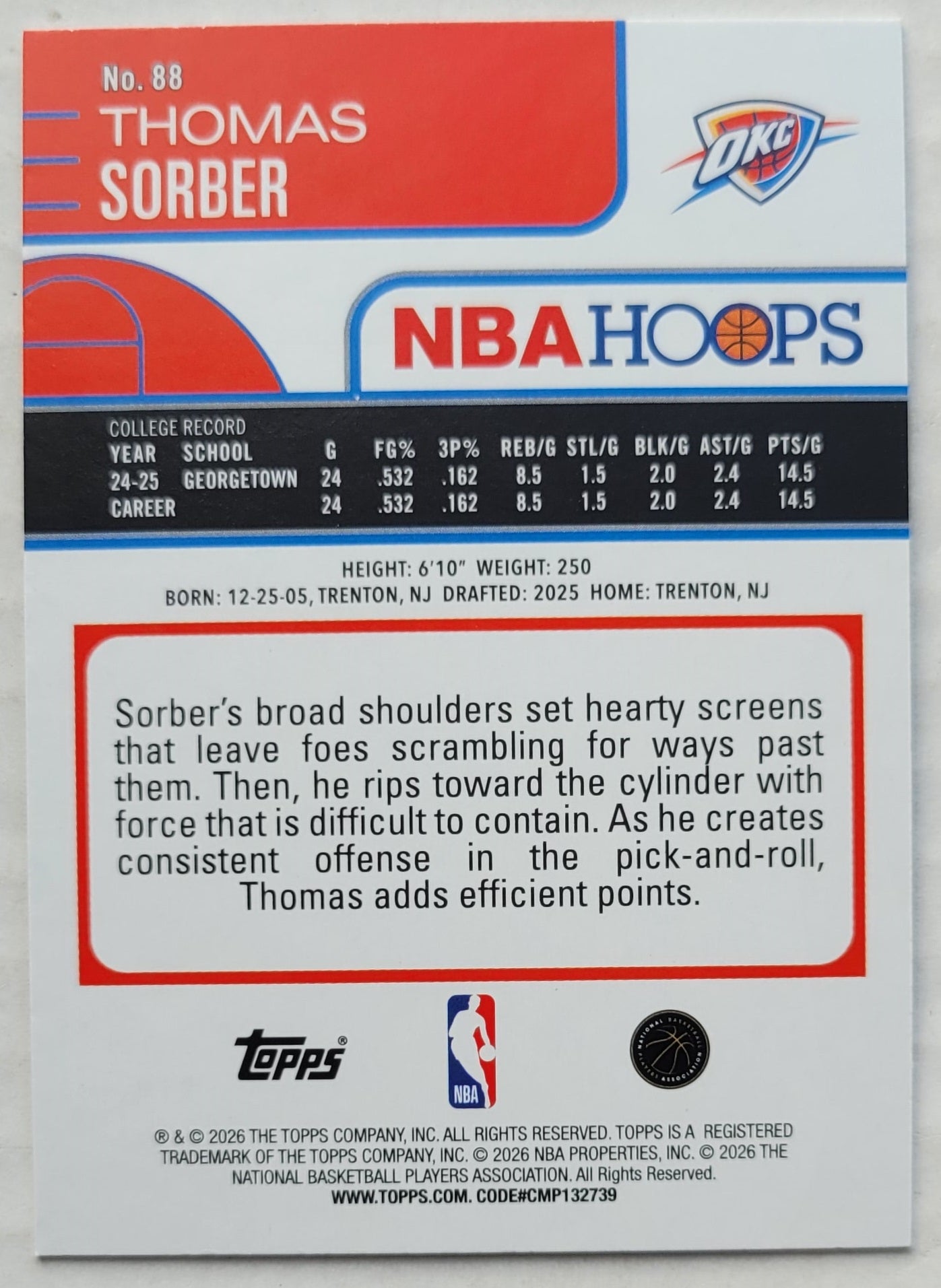 Thomas Sorber - 2025-26 Hoops #88 RC