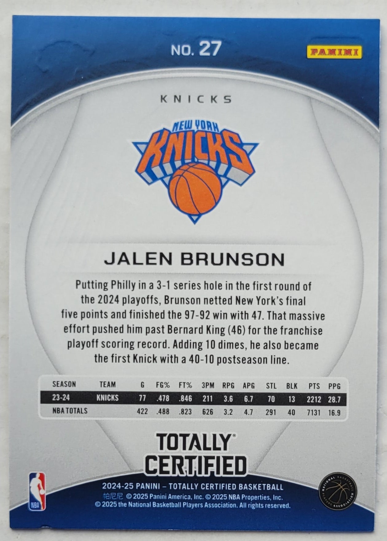 Jalen Brunson - 2024-25 Totally Certified Mirror #27