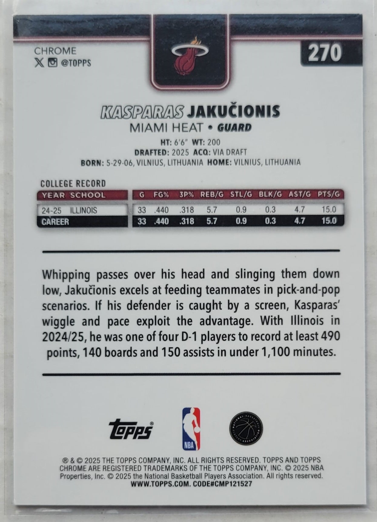 Kasparas Jakucionis - 2025-26 Topps Chrome #270 RC