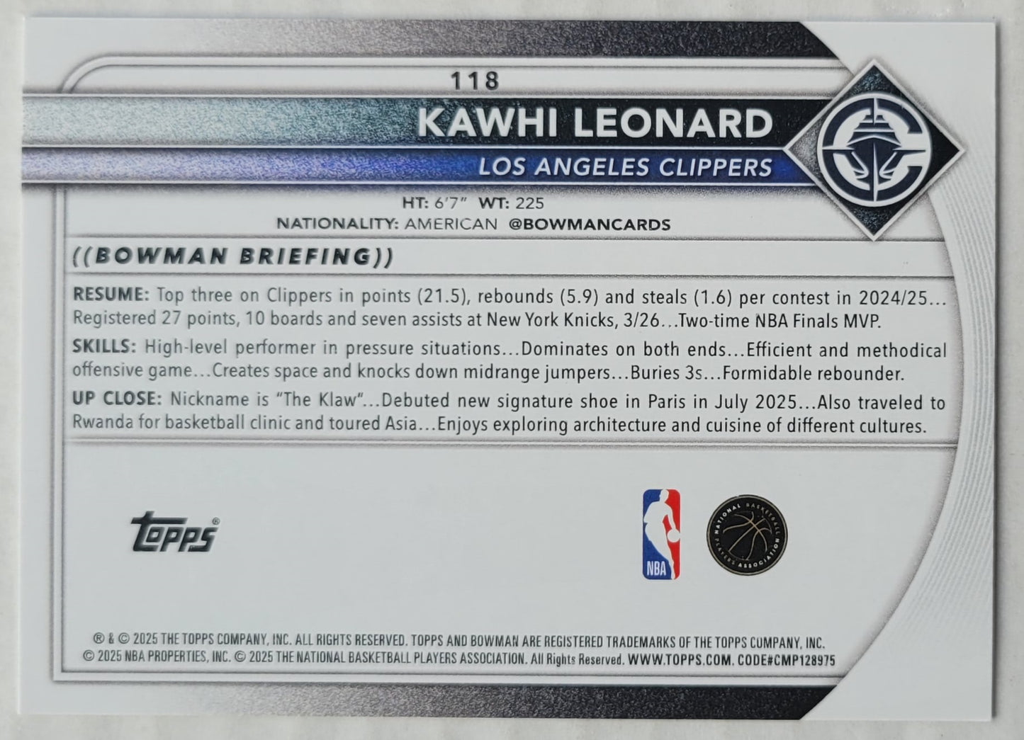 Kawhi Leonard - 2025-26 Bowman #118