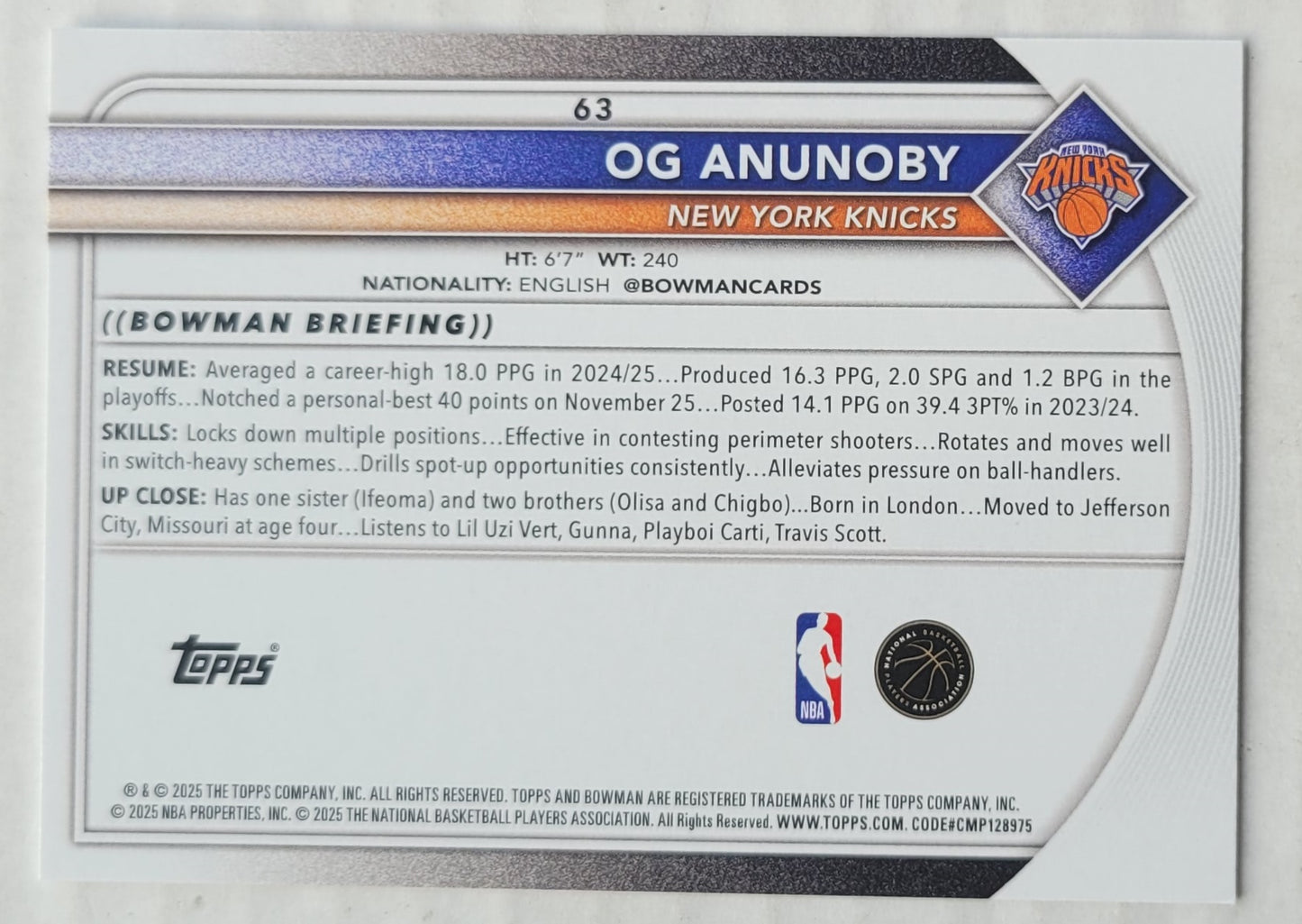 OG Anunoby - 2025-26 Bowman #63