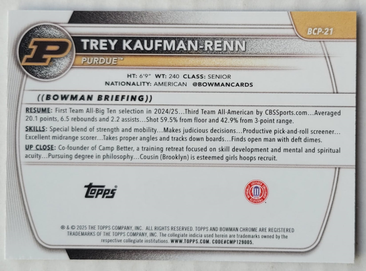 Trey Kaufman-Renn - 2025-26 Bowman Chrome University Prospects Mojo Refractors #BCP21