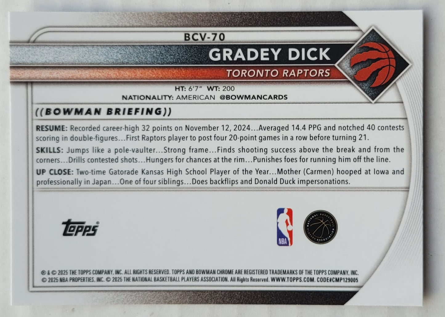 Gradey Dick - 2025-26 Bowman Chrome Mojo Refractors #BCV70