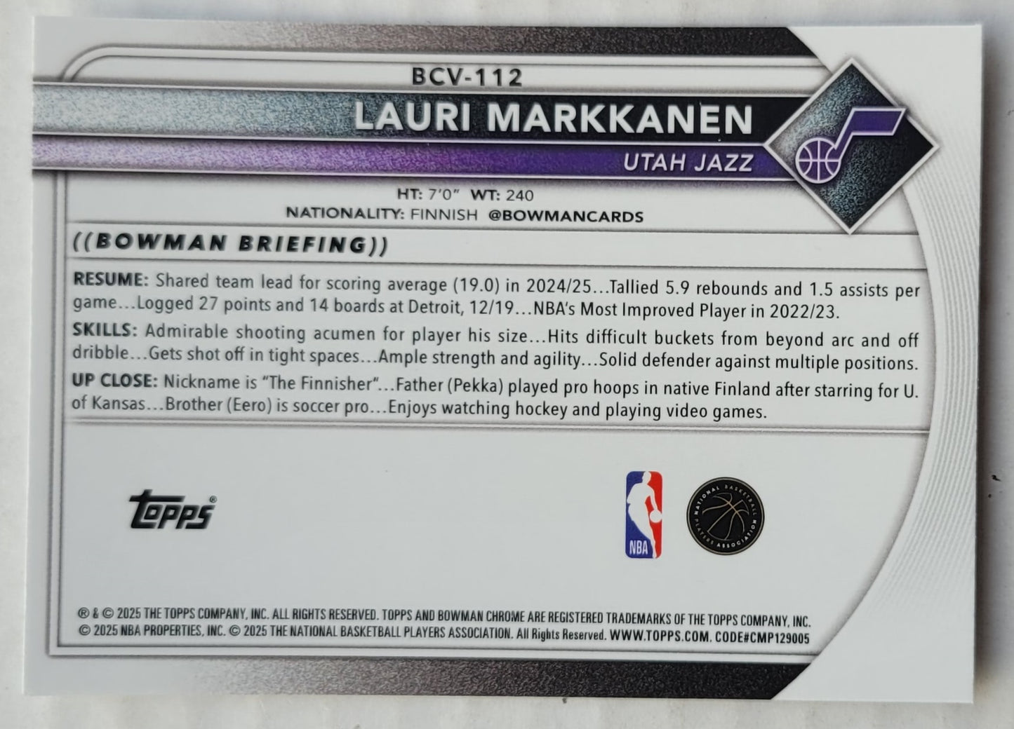 Lauri Markkanen - 2025-26 Bowman Chrome Mojo Refractors #BCV112