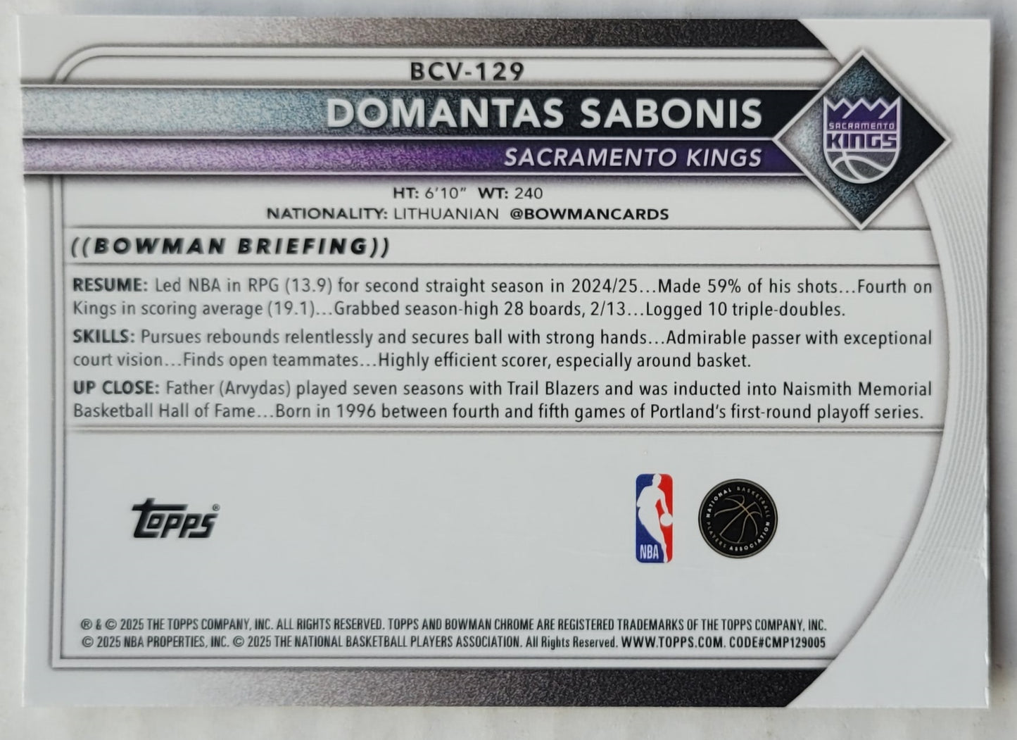 Domantas Sabonis - 2025-26 Bowman Chrome Mojo Refractors #BCV129