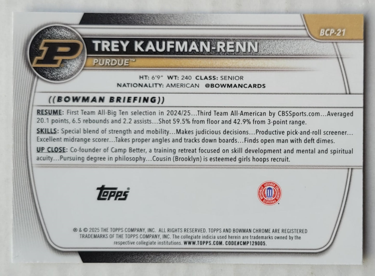 Trey Kaufman-Renn - 2025-26 Bowman Chrome University Prospects #BCP21