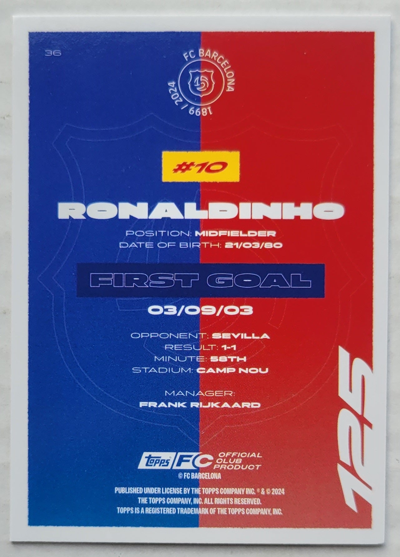 Ronaldinho - 2024-25 FC Barcelona Topps Team Set #36 125TH