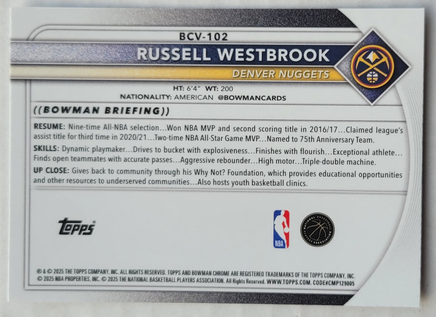 Russell Westbrook - 2025-26 Bowman Chrome #BCV102