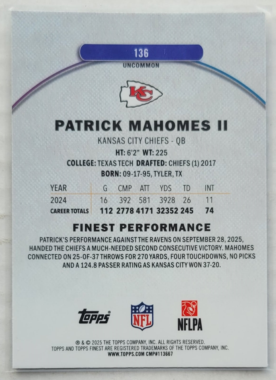 Patrick Mahomes II - 2025 Finest #136
