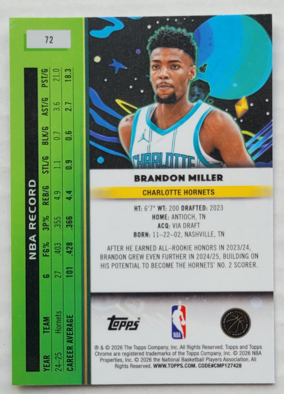 Brandon Miller - 2025-26 Topps Cosmic Chrome #72