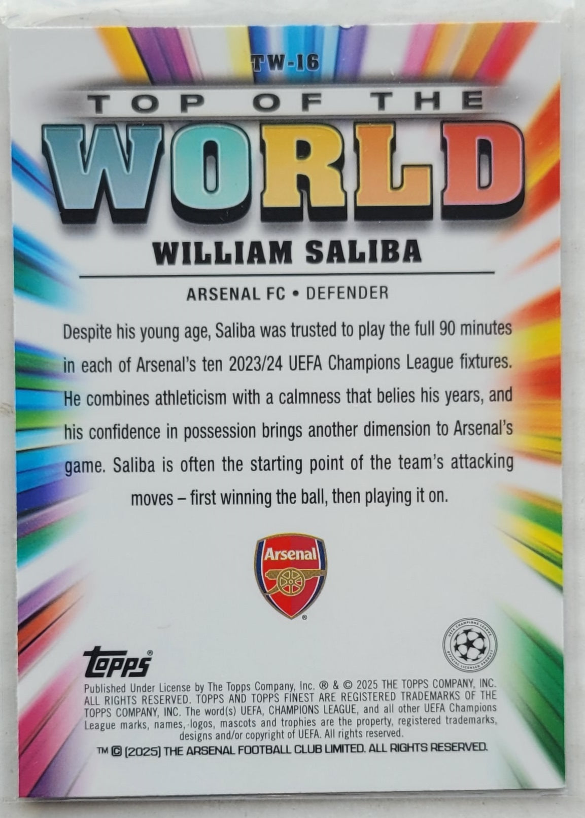 William Saliba - 2024-25 Finest UEFA Club Competitions Top of the World #TW16
