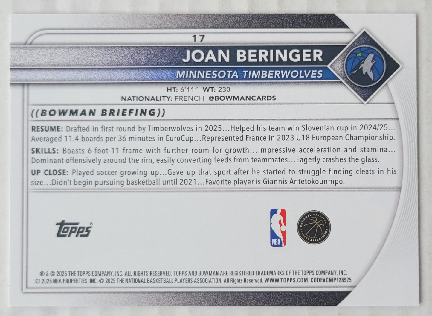 Joan Beringer - 2025-26 Bowman #17 RC