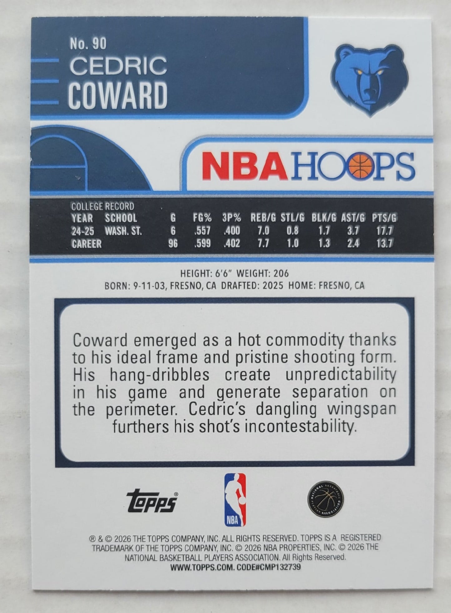 Cedric Coward - 2025-26 Hoops #90 RC