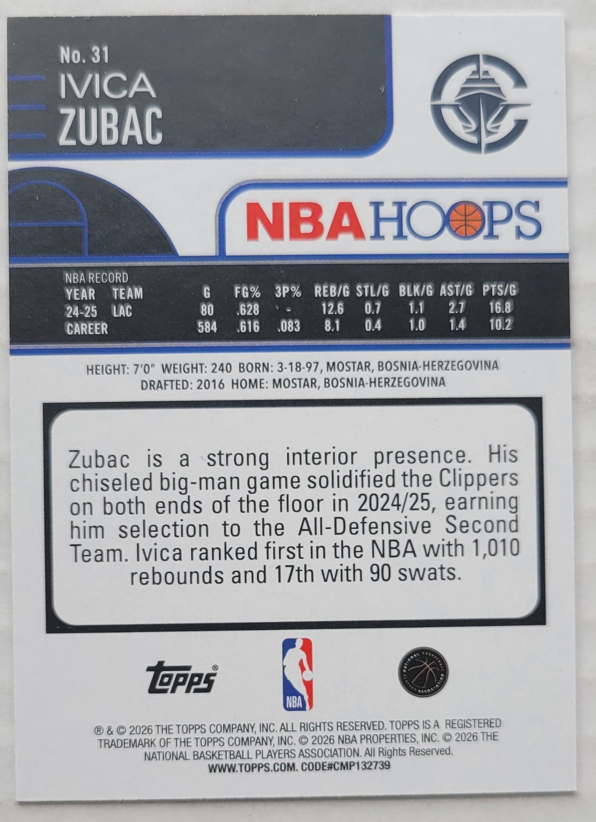 Ivica Zubac - 2025-26 Hoops Light Burst #31