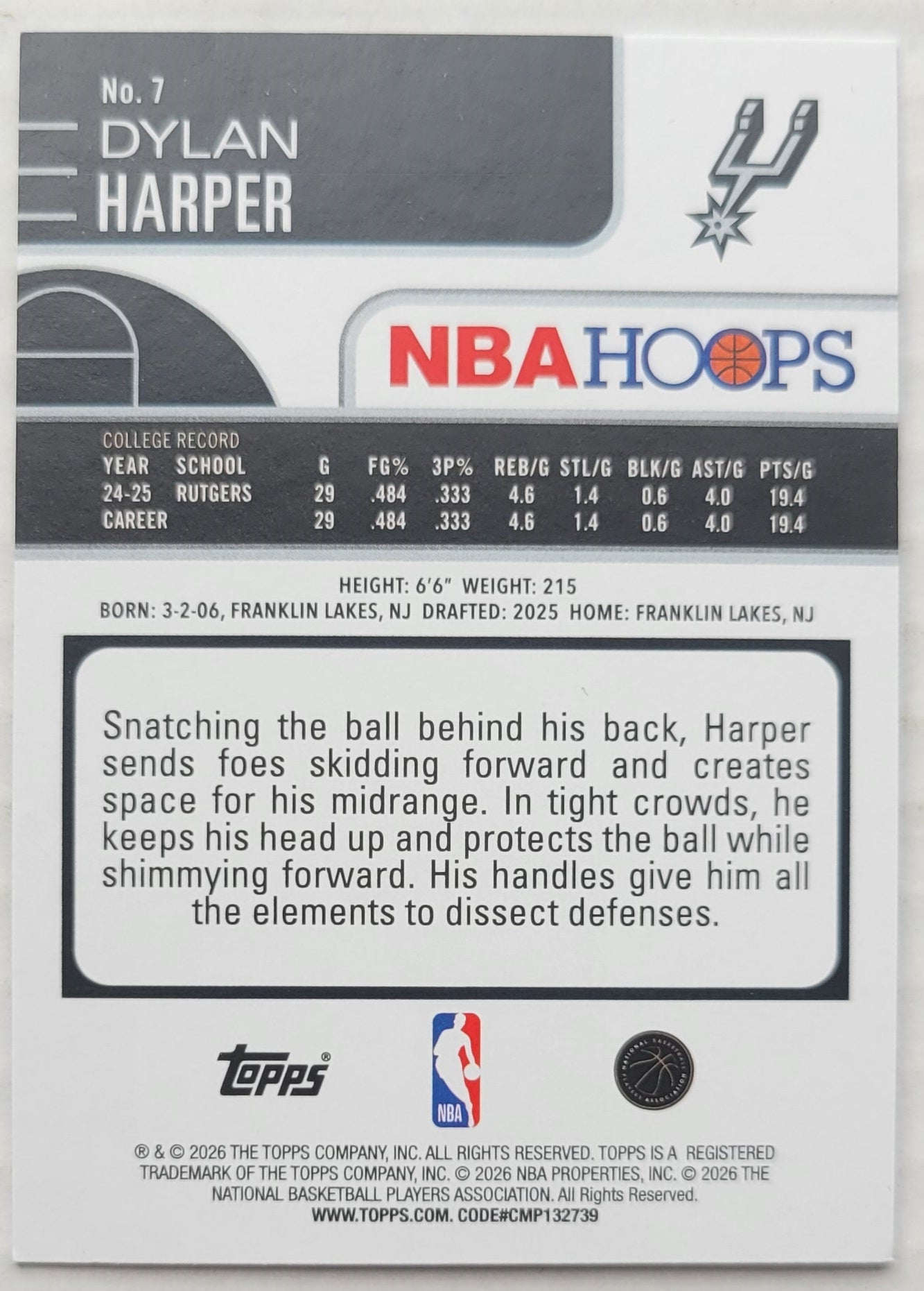 Dylan Harper - 2025-26 Hoops #7 RC