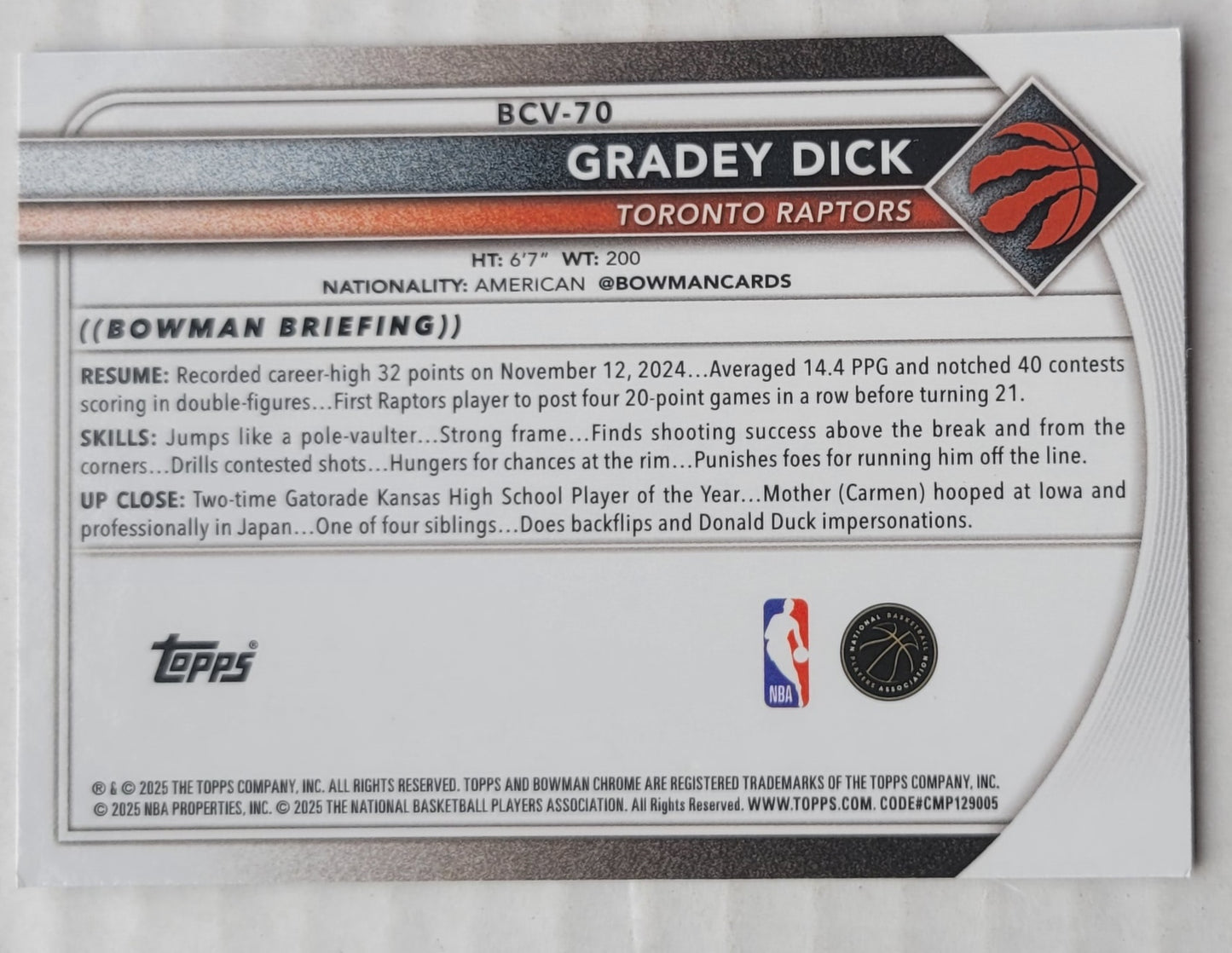 Gradey Dick - 2025-26 Bowman Chrome Reptilian Refractors #BCV70