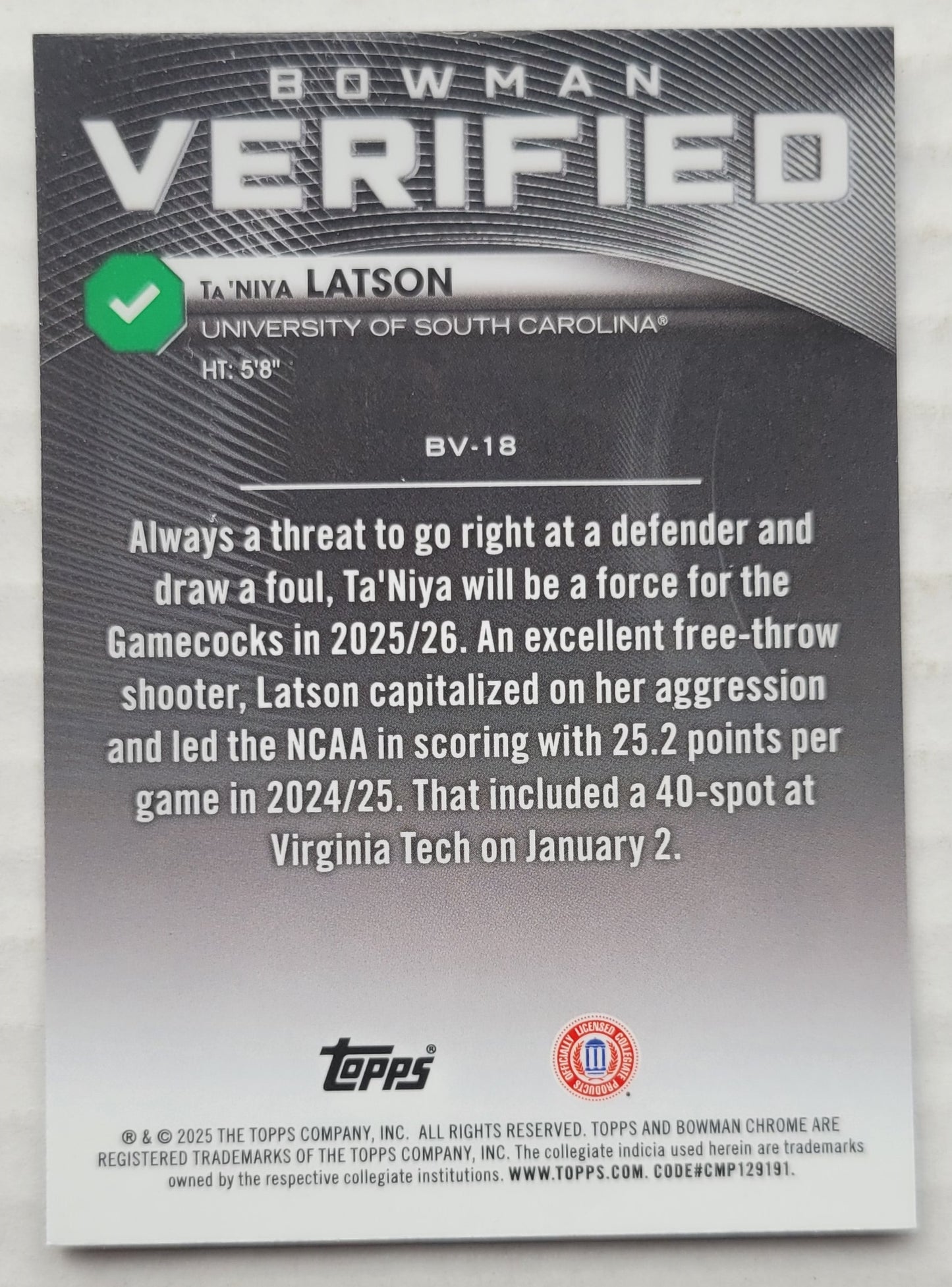 Ta'Niya Latson - 2025-26 Bowman Chrome University Verified #BV18