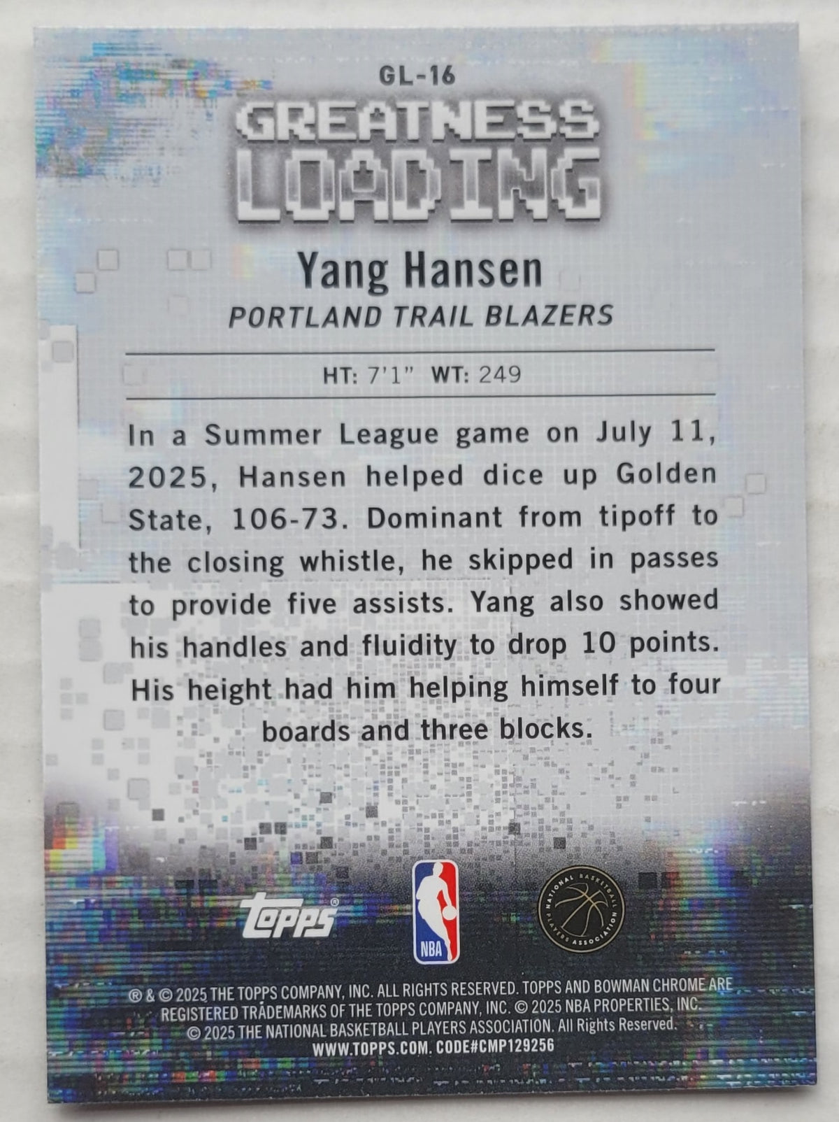 Yang Hansen - 2025-26 Bowman Chrome Greatness Loading #GL16