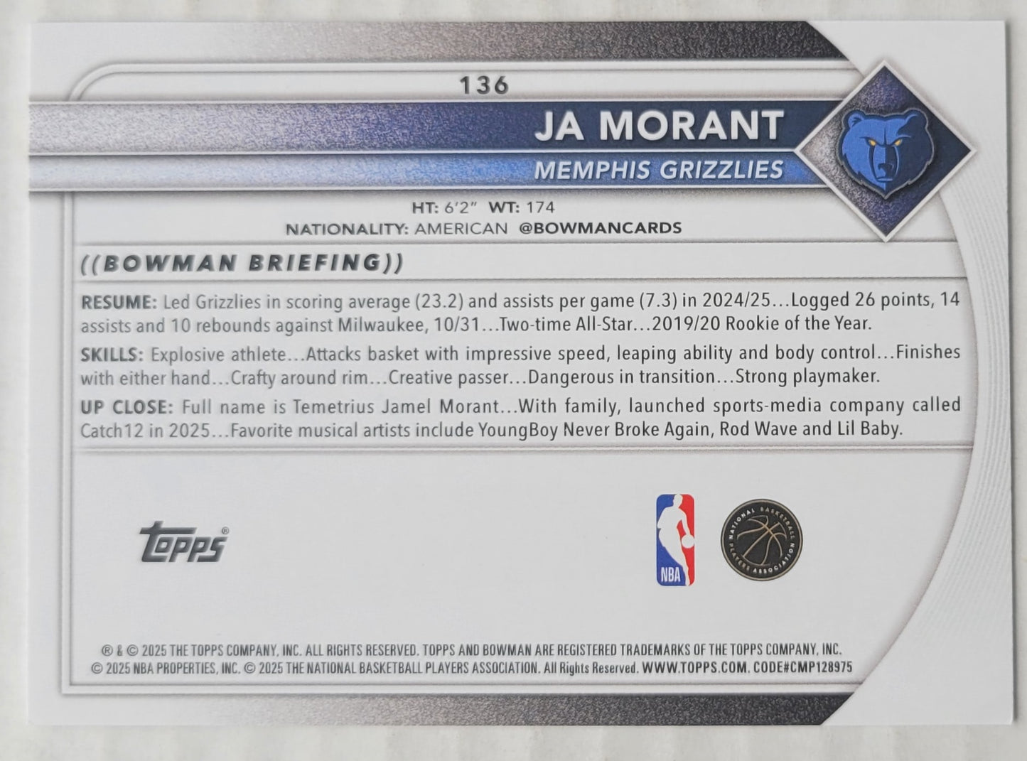 Ja Morant - 2025-26 Bowman #136