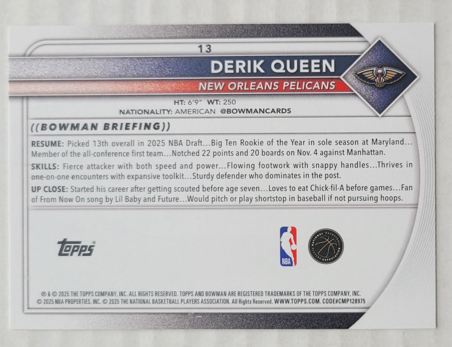 Derik Queen 2025-26 Bowman #13 RC