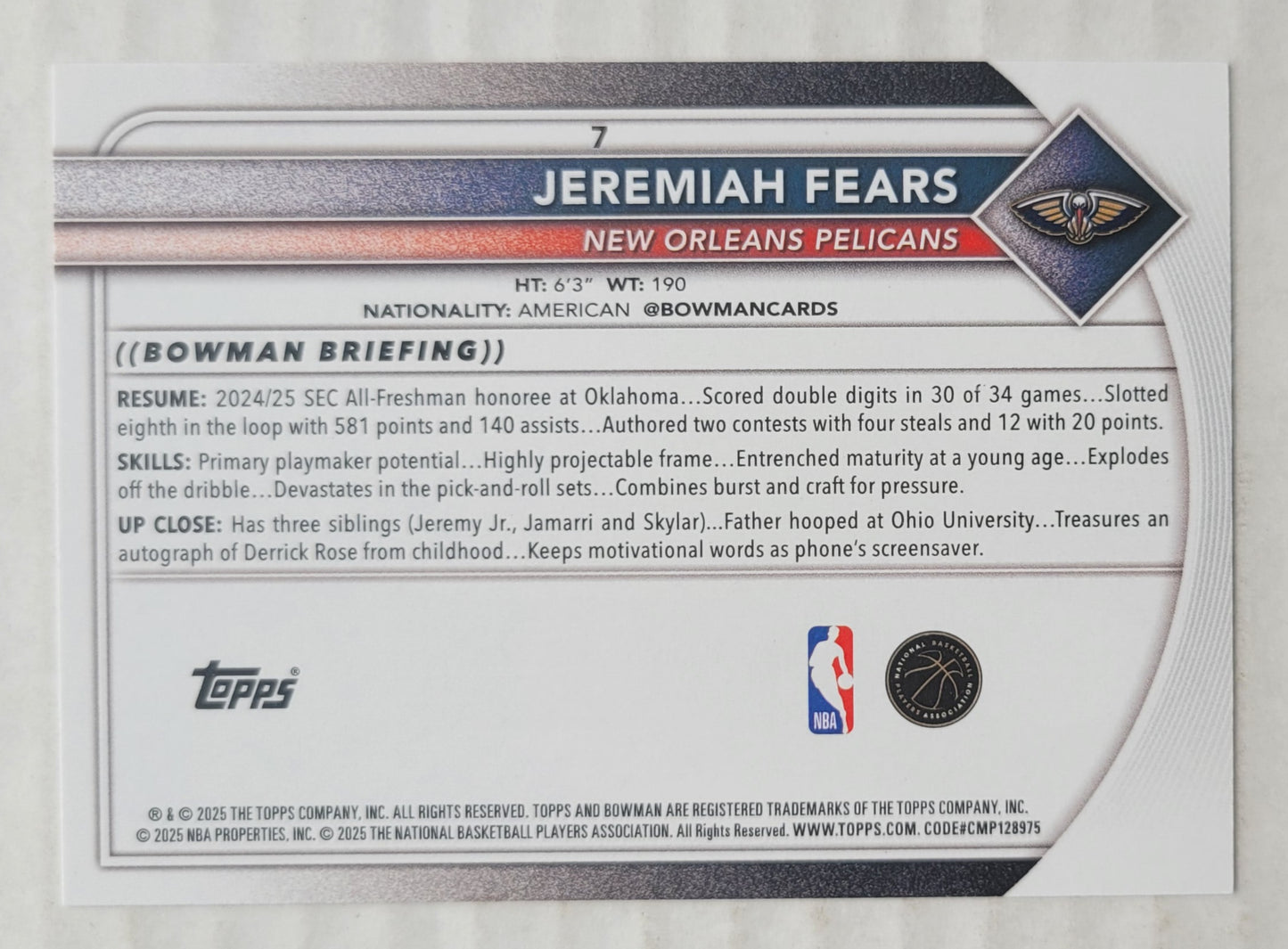 Jeremiah Fears - 2025-26 Bowman #7 RC
