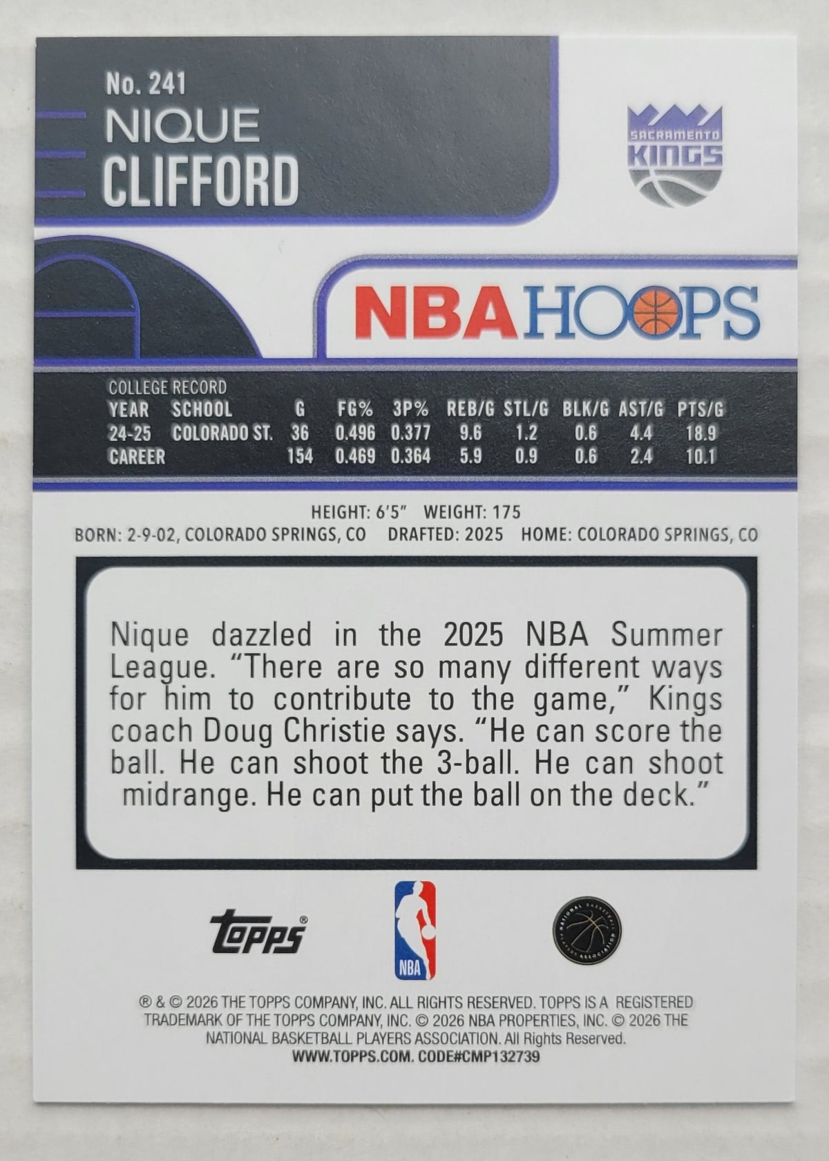 Nique Clifford - 2025-26 Hoops Rainbow #241 RC