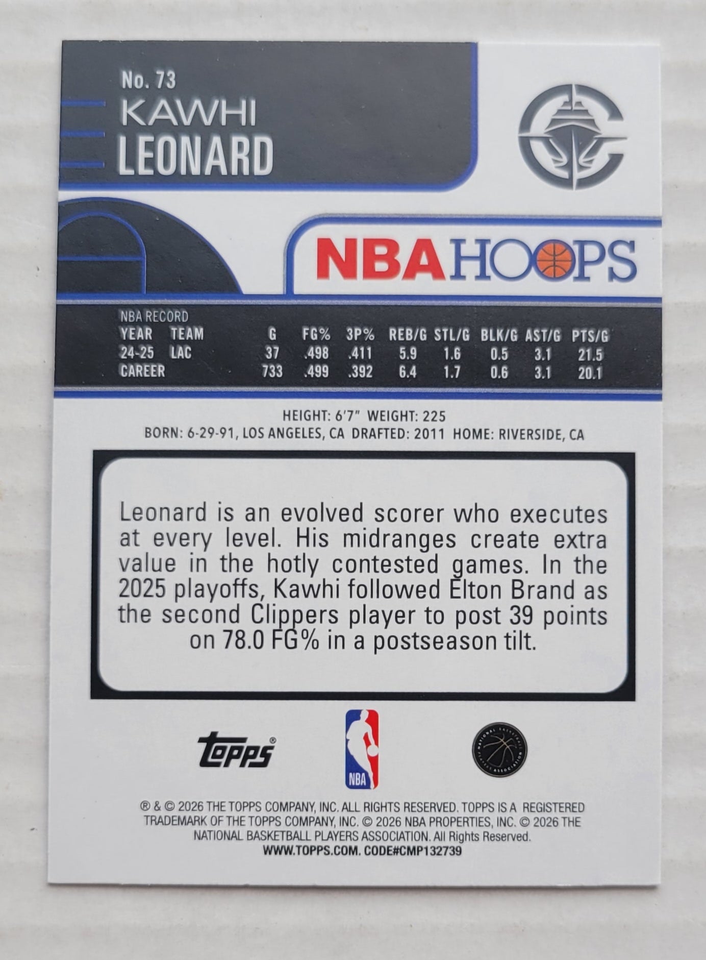 Kawhi Leonard - 2025-26 Hoops #73