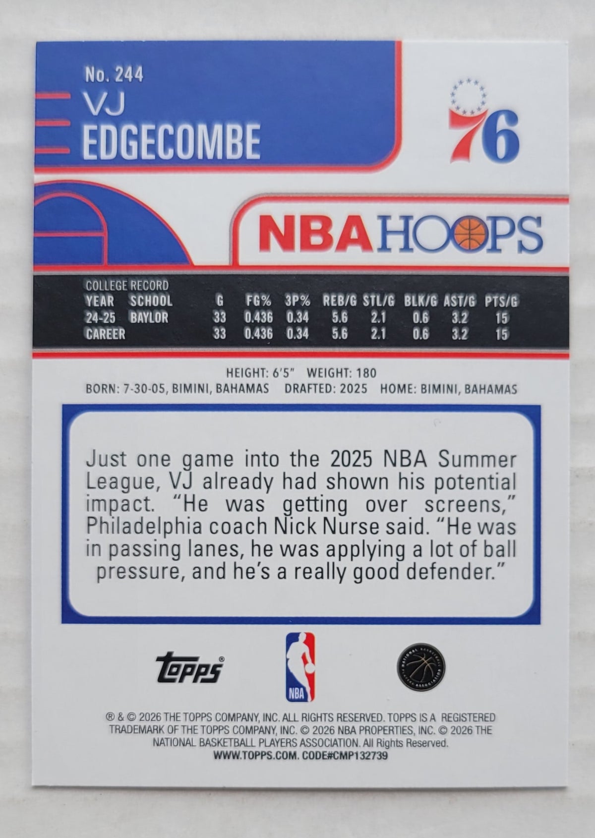 VJ Edgecombe - 2025-26 Hoops #244 RC