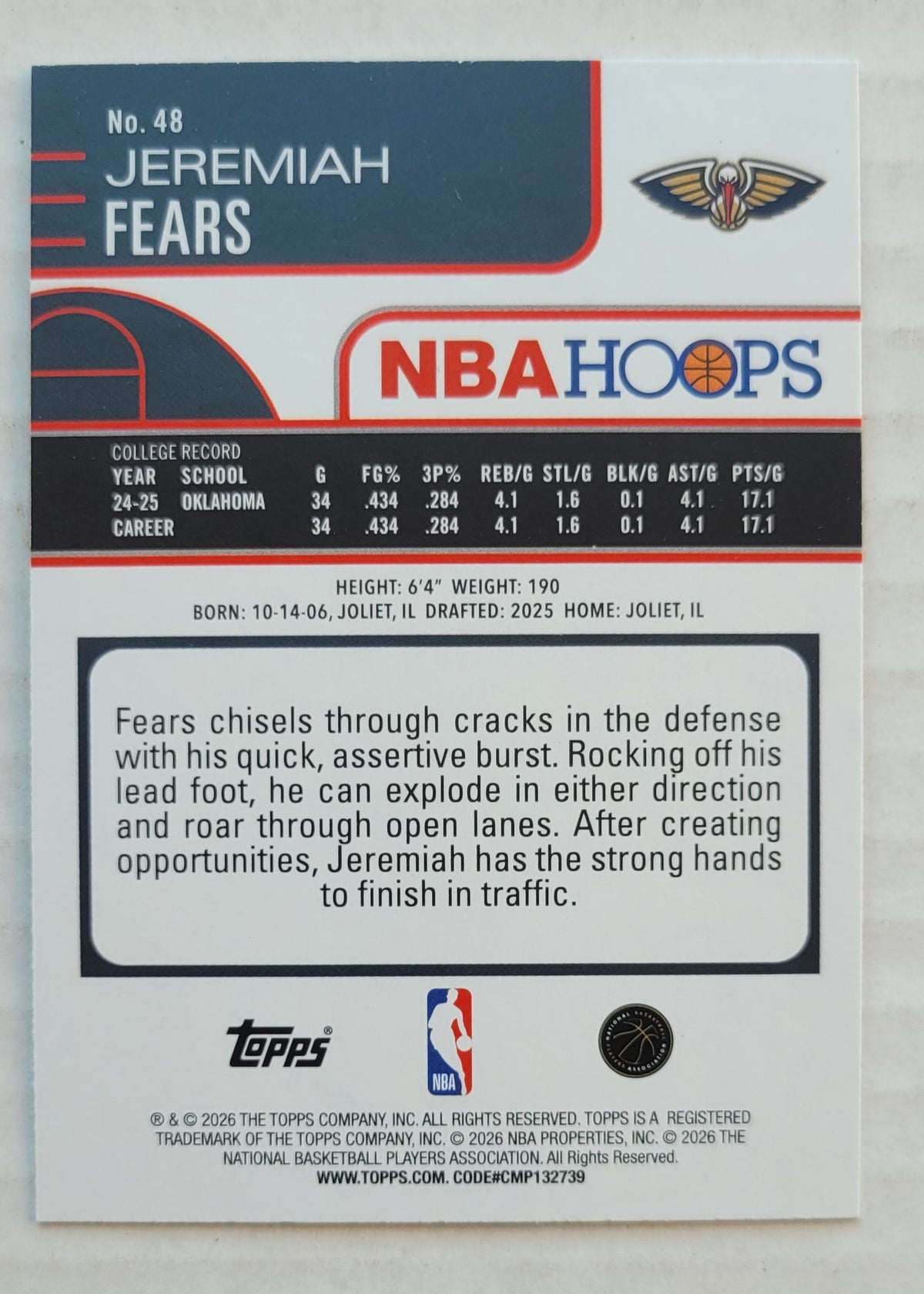 Jeremiah Fears - 2025-26 Hoops #48 RC