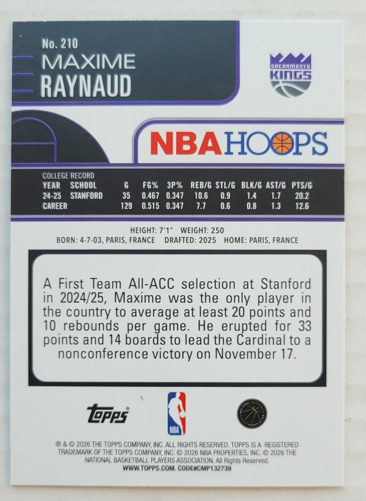 Maxime Raynaud - 2025-26 Hoops #210 RC