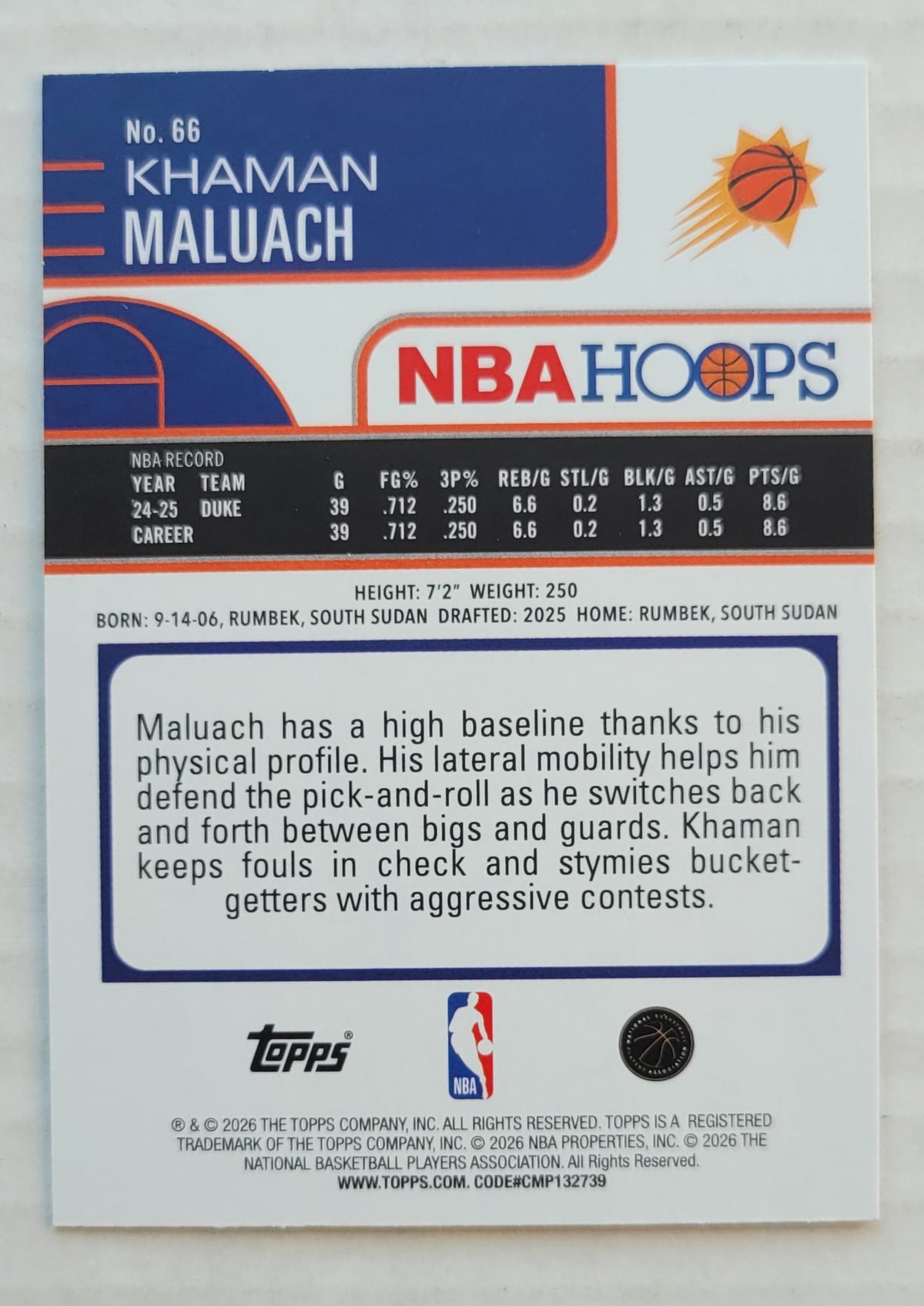 Khaman Maluach - 2025-26 Hoops #66 RC
