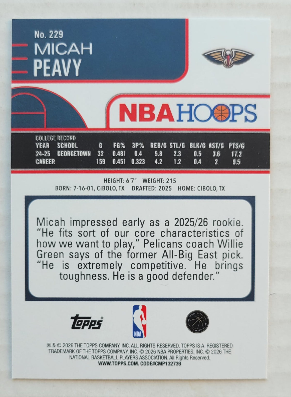 Micah Peavy - 2025-26 Hoops Orange Hoops #229 RC