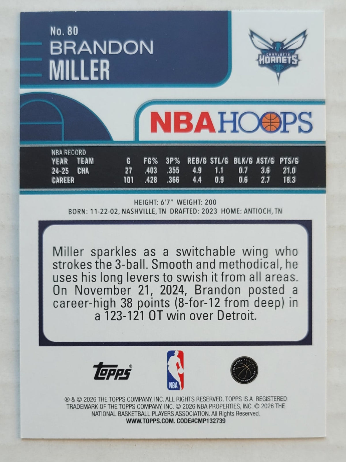 Brandon Miller - 2025-26 Hoops #80
