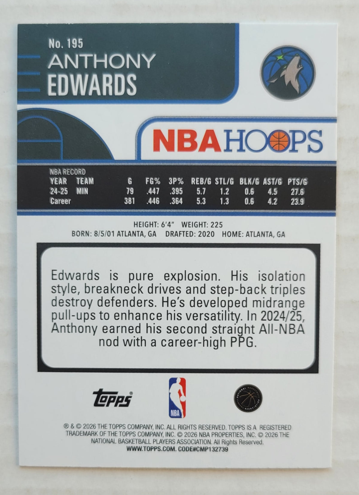 Anthony Edwards - 2025-26 Hoops #195
